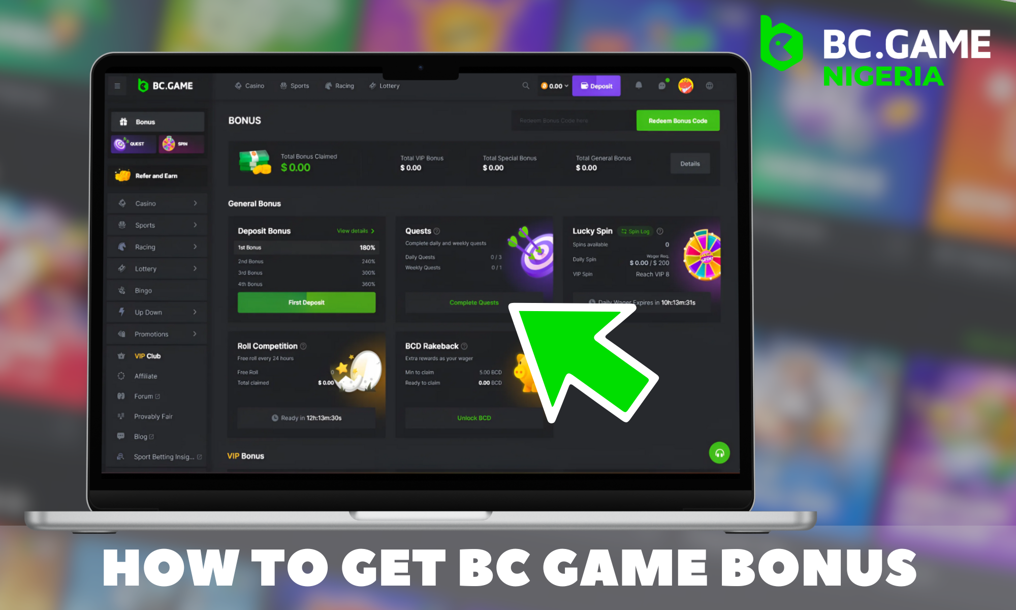 Step-by-step instructions for receiving bonuses in BC Game