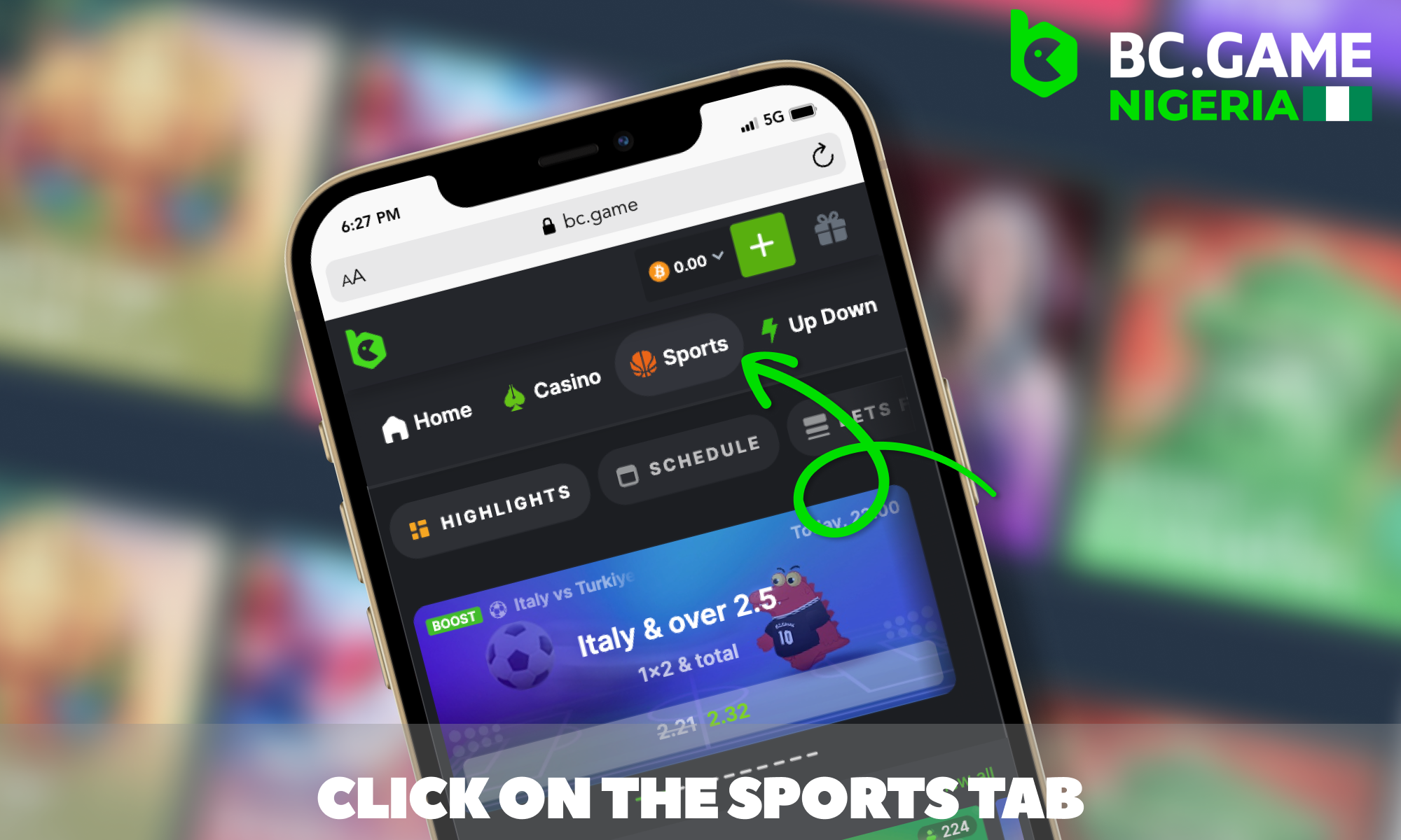 Go to the Sports Tab - BC Game for bettors from Nigeria
