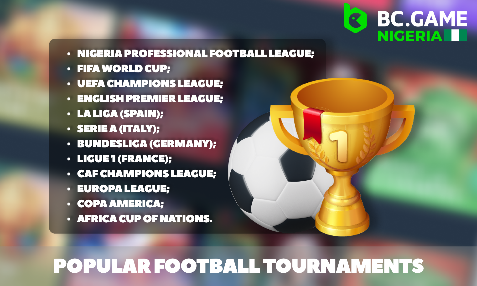 Football tournaments for betting - BC Game Nigeria