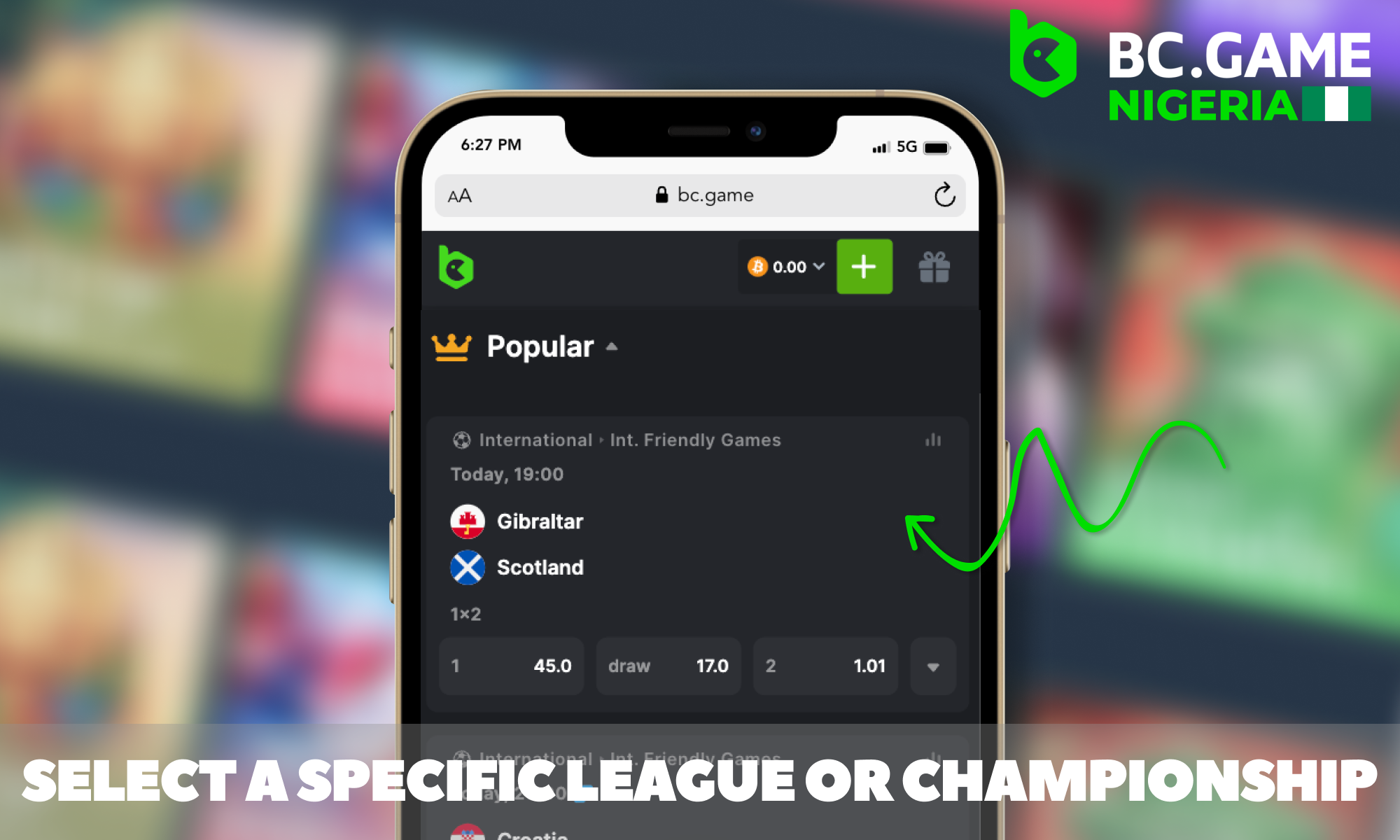 Select a league to start betting - BC Game Nigeria