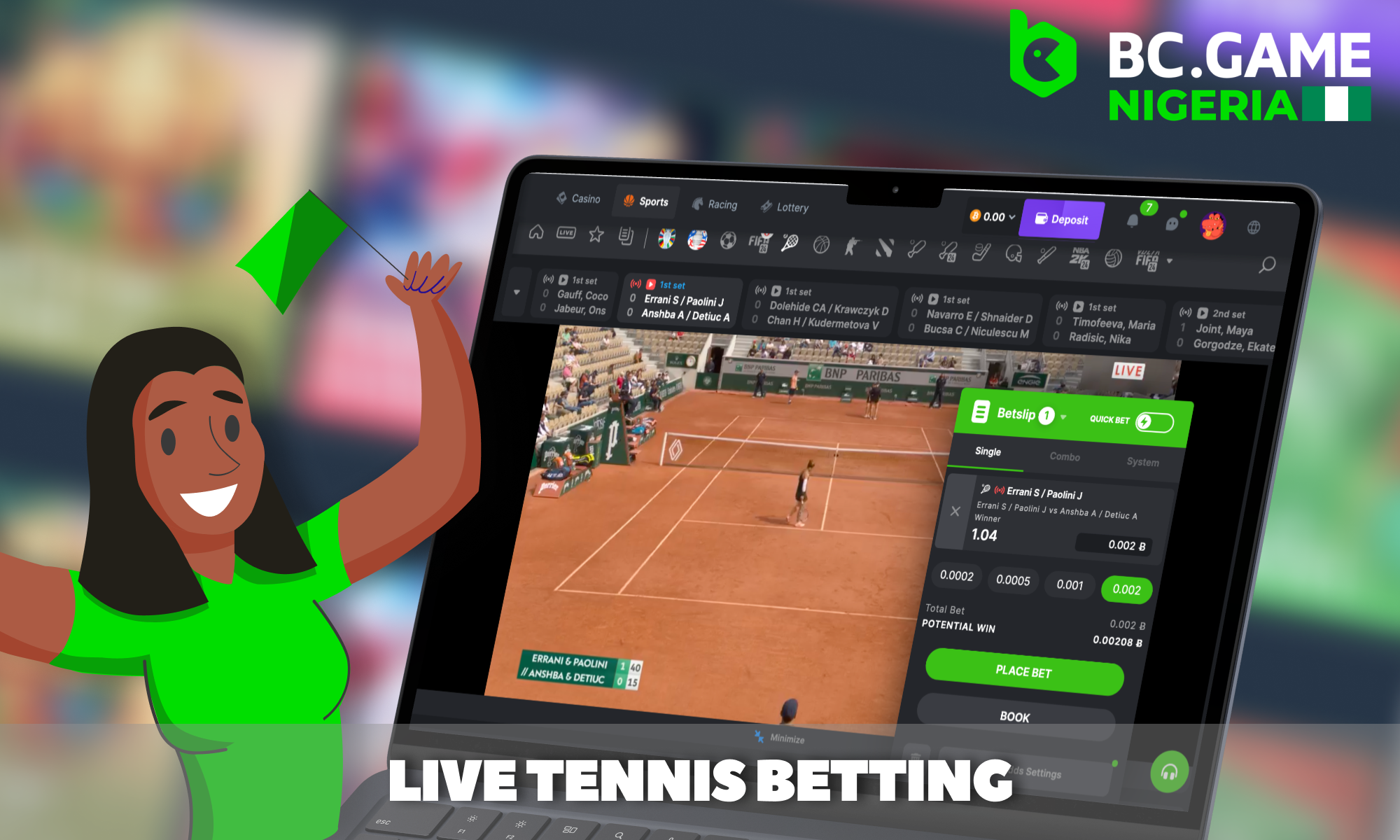 Live tennis betting for players from Nigeria at the BC Game