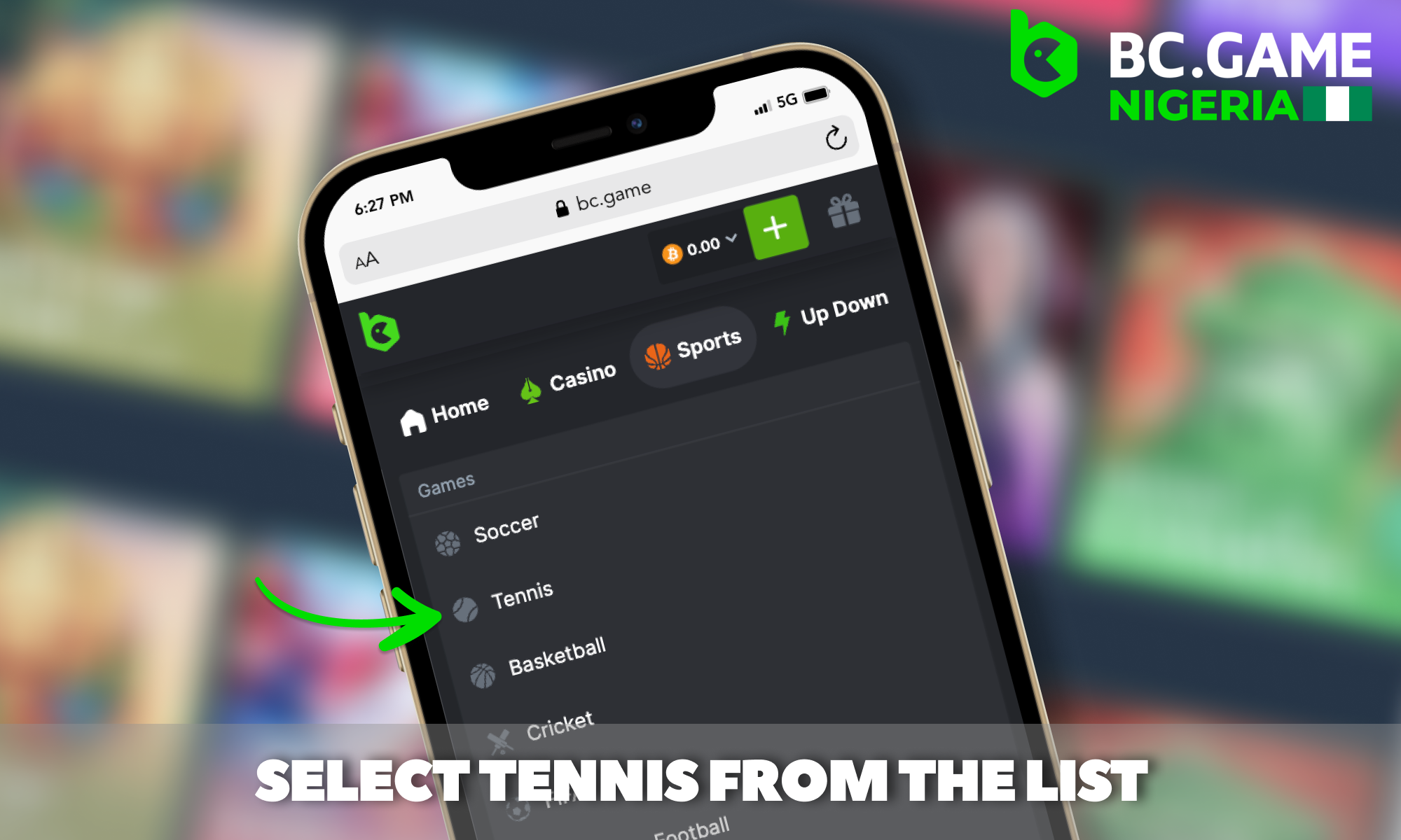 BC Game Nigeria Choose Tennis from the list